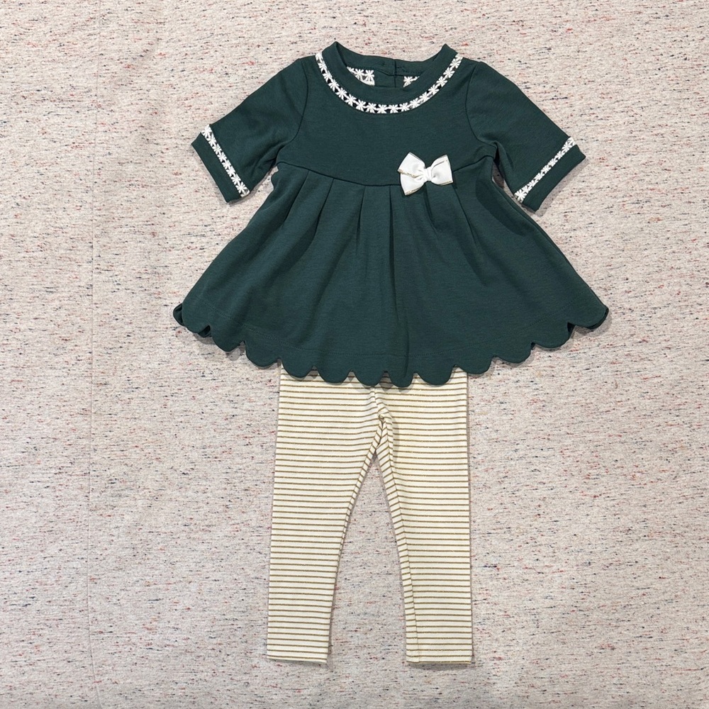 Tahari Forest Green Top with Cream Striped Leggings Kids Matching Set